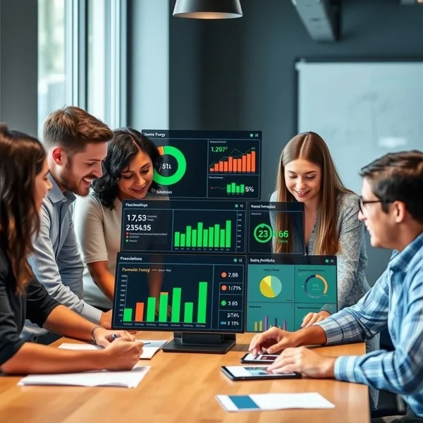 A professional reviewing charts and graphs for a Sustainability Report
