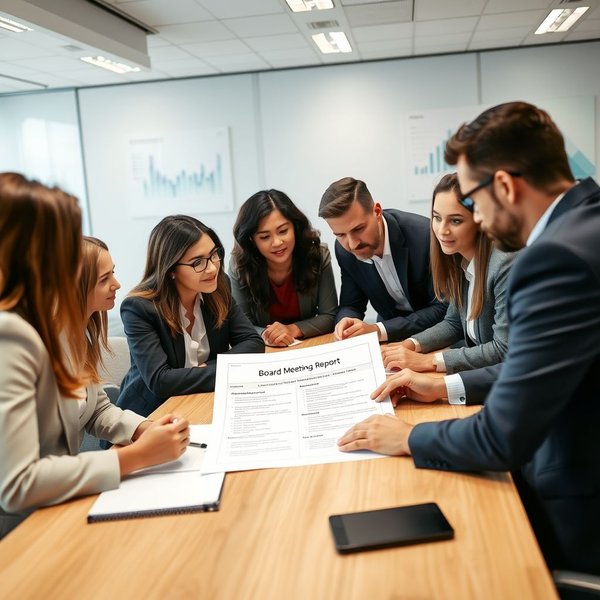 Bir kişi profesyonelce bir Board Meeting Report hazırlarken ofis ortamında yazıyor.