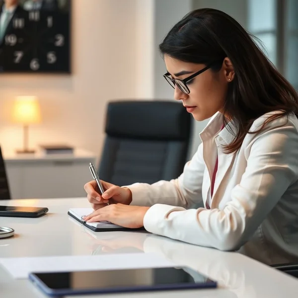 A person professionally writing a Board Meeting Report in an office setting.
