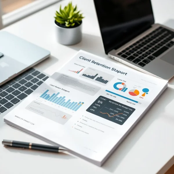 Image: Client Retention Strategy Report document on a desk