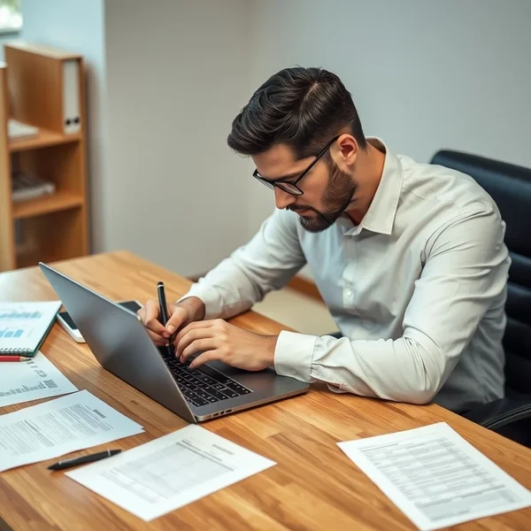 Een professional schrijft een Executive Summary op een laptop