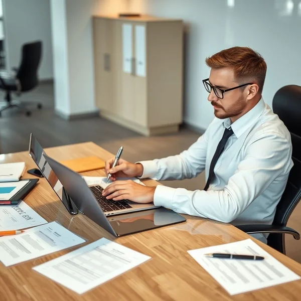 Ein Profi schreibt eine Executive Summary auf einem Laptop