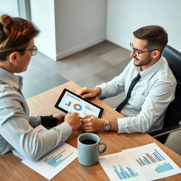 A professional reviewing a Financial Overview Report on a tablet