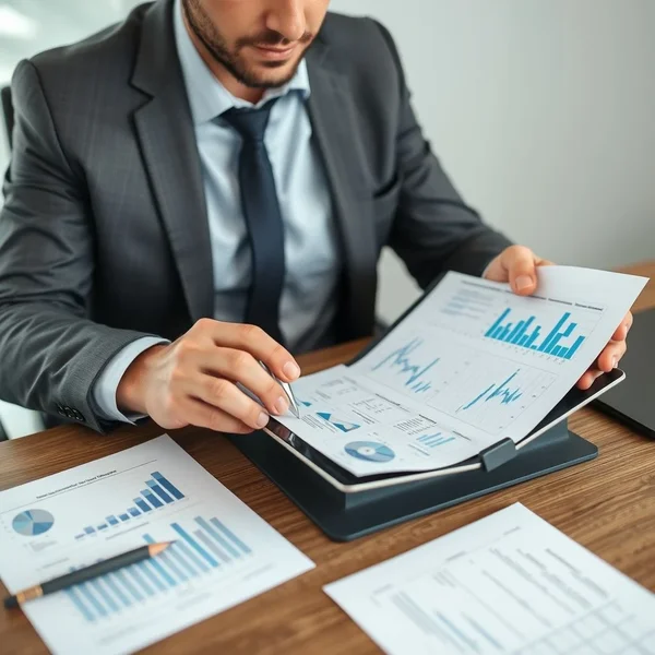 A professional reviewing a Business Plan Report on a tablet