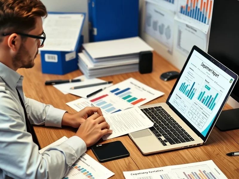 An employee writing a Department Report at their desk