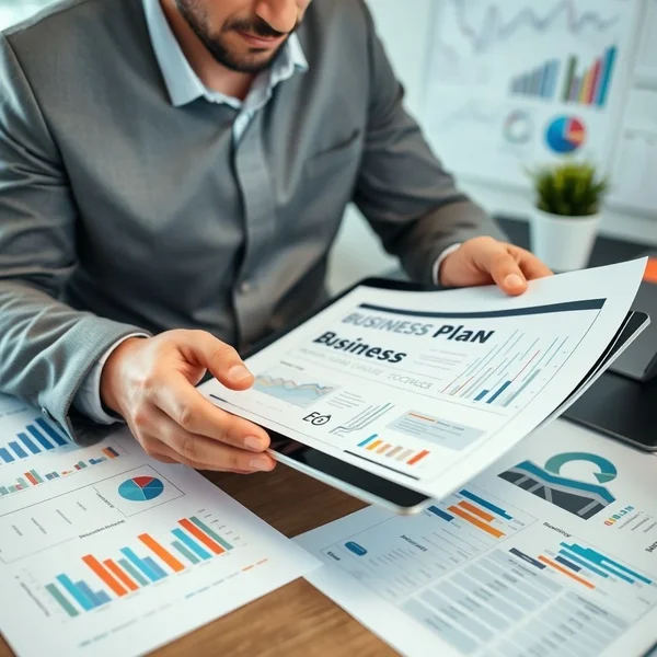 Un professionnel examine un Business Plan Report sur une tablette