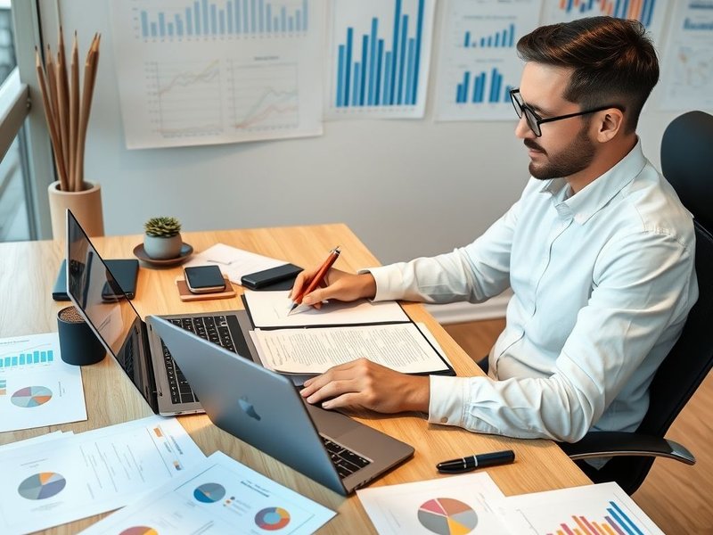 Um funcionário escrevendo um Department Report em sua mesa