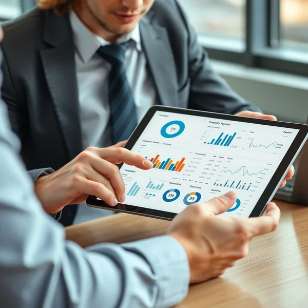 A professional reviewing a Financial Overview Report on a tablet