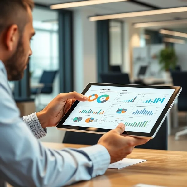A professional reviewing a Financial Overview Report on a tablet