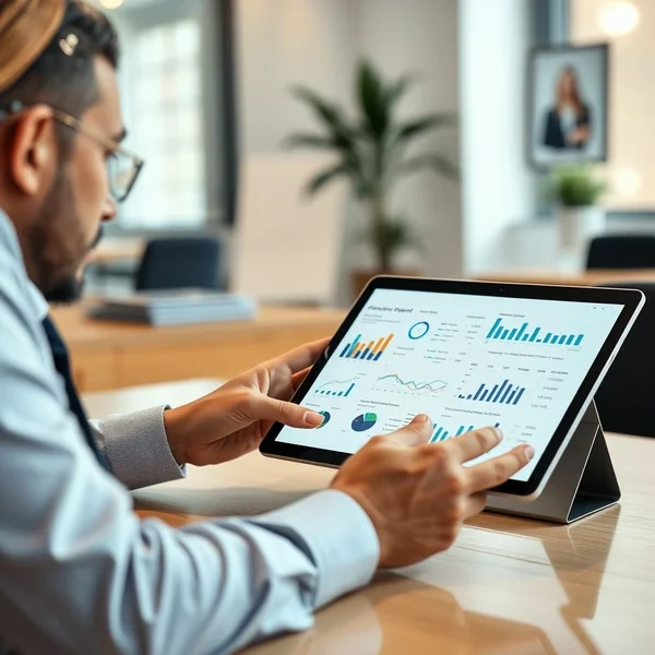 A professional reviewing a Financial Overview Report on a tablet