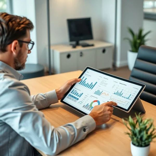 A professional reviewing a Financial Overview Report on a tablet