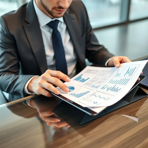 Ein Profi, der einen Business Plan Report auf einem Tablet überprüft