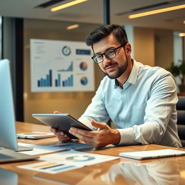 A professional reviewing a Financial Overview Report on a tablet