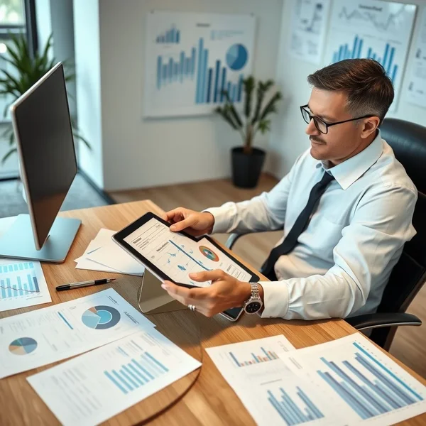 A professional reviewing a Business Plan Report on a tablet