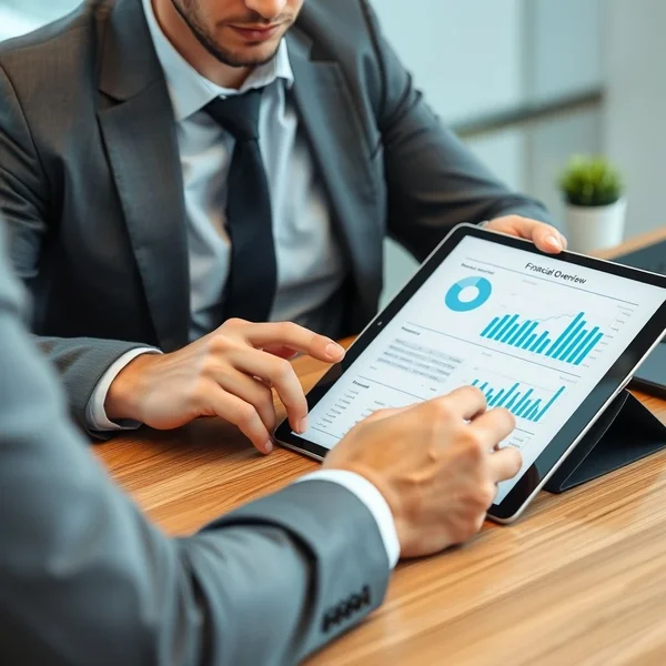 A professional reviewing a Financial Overview Report on a tablet