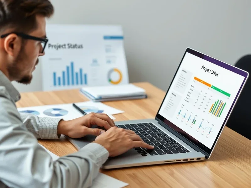 Een professional schrijft een Project Status Report op een laptop