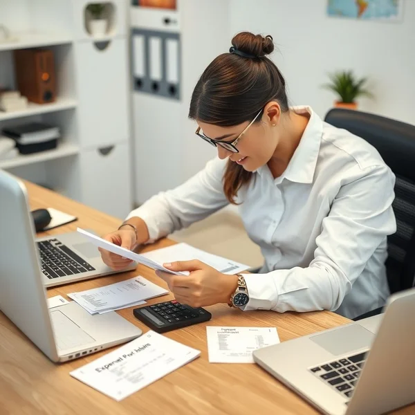 Một người đang điền biểu mẫu Expense Report với các hóa đơn ở bên cạnh
