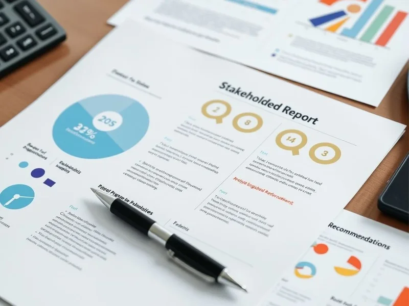 A chart and pen showing the key elements of a Stakeholder Report