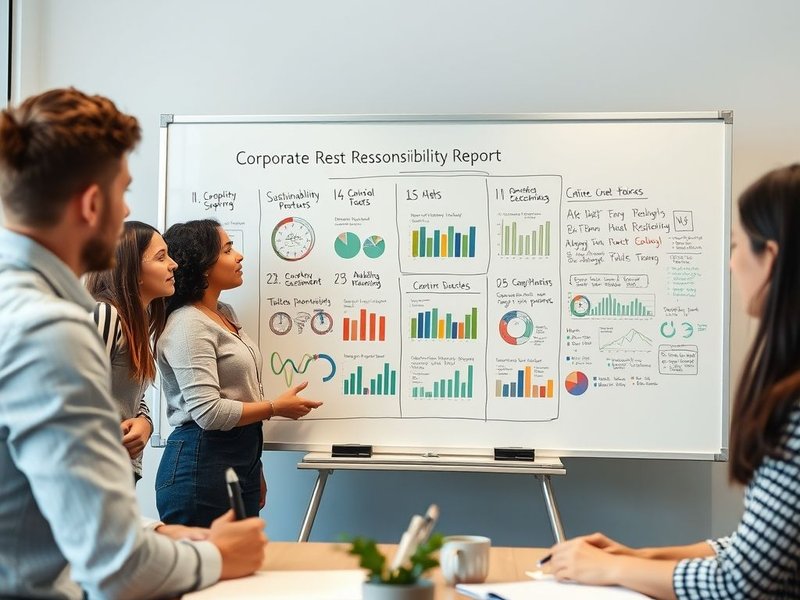 Sebuah tim karyawan mendiskusikan Corporate Responsibility Report di papan tulis