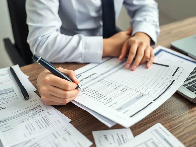 Seseorang sedang mengisi formulir Expense Report dengan bukti pembayaran di sekitarnya