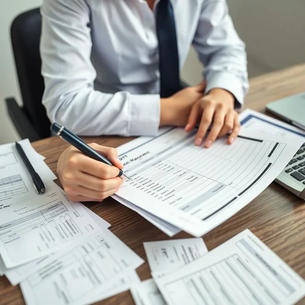 Seseorang sedang mengisi formulir Expense Report dengan bukti pembayaran di sekitarnya