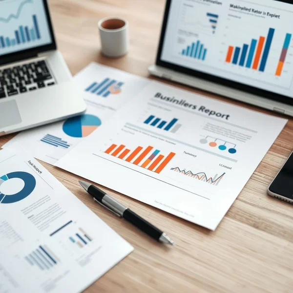 Sebuah grafik dan pena yang menunjukkan elemen kunci dari Stakeholder Report