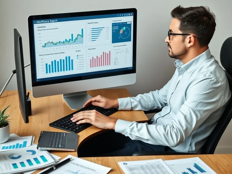 Seorang profesional sedang menganalisis grafik Workforce Report di komputer