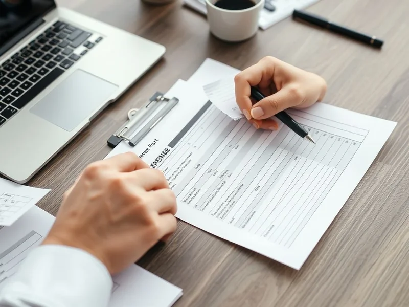 Una persona che compila un modulo di Expense Report con scontrini accanto