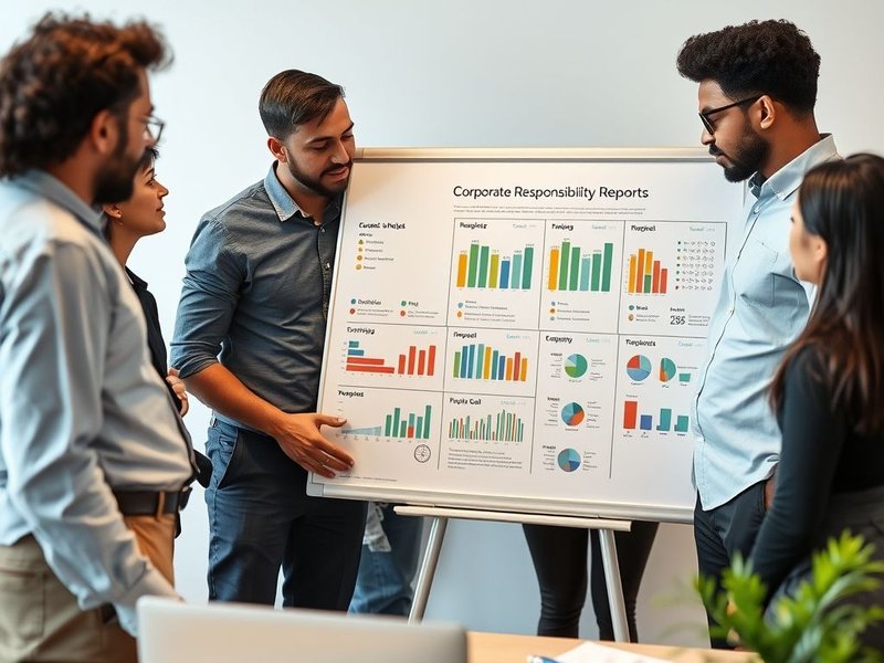 Un team di dipendenti che discute un Corporate Responsibility Report su una lavagna bianca