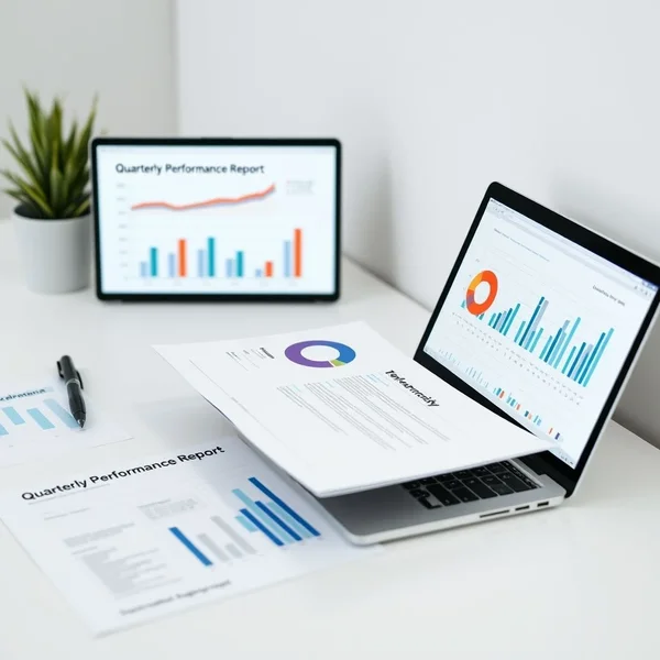 An image showing a professional Quarterly Performance Report on a desk