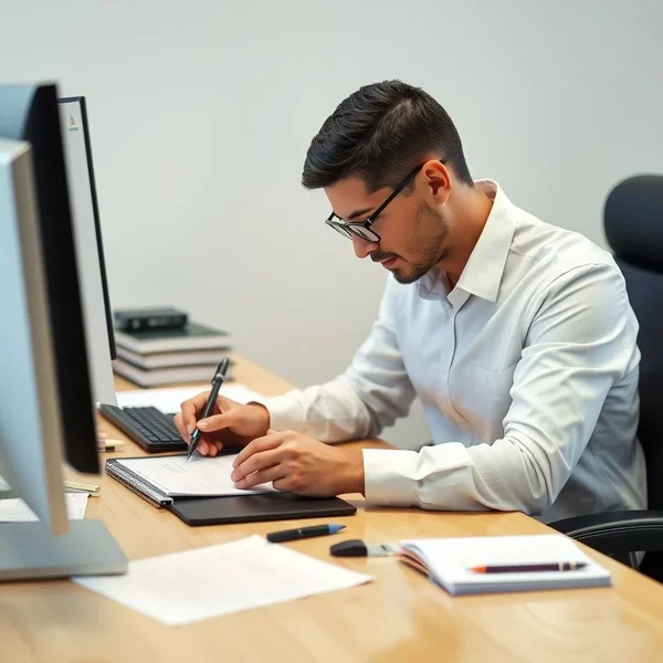 Un employé rédigeant un Department Report à son bureau