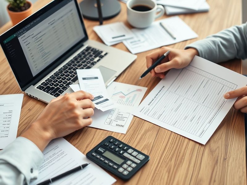 A person filling out an Expense Report form with receipts nearby