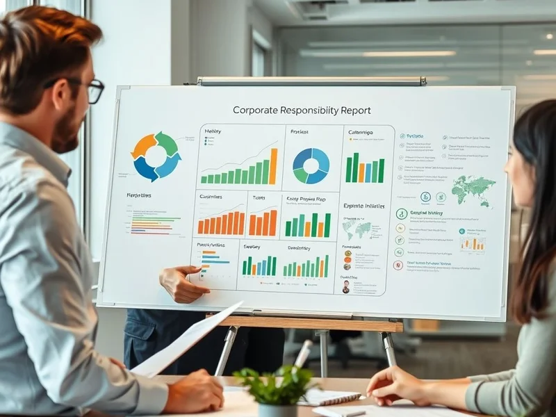 Uma equipe de funcionários discutindo um Corporate Responsibility Report em um quadro branco