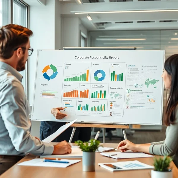 Uma equipe de funcionários discutindo um Corporate Responsibility Report em um quadro branco