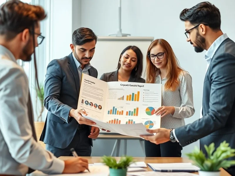Un equipo de empleados discutiendo un Corporate Responsibility Report en una pizarra