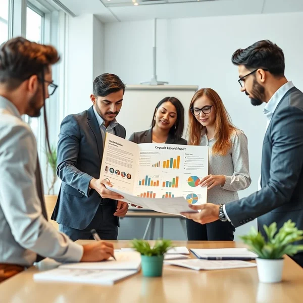 Un equipo de empleados discutiendo un Corporate Responsibility Report en una pizarra