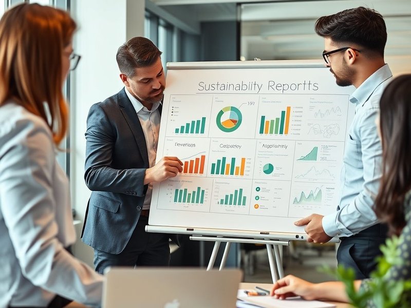 Ein Mitarbeitendenteam diskutiert einen Corporate Responsibility Report an einem Whiteboard