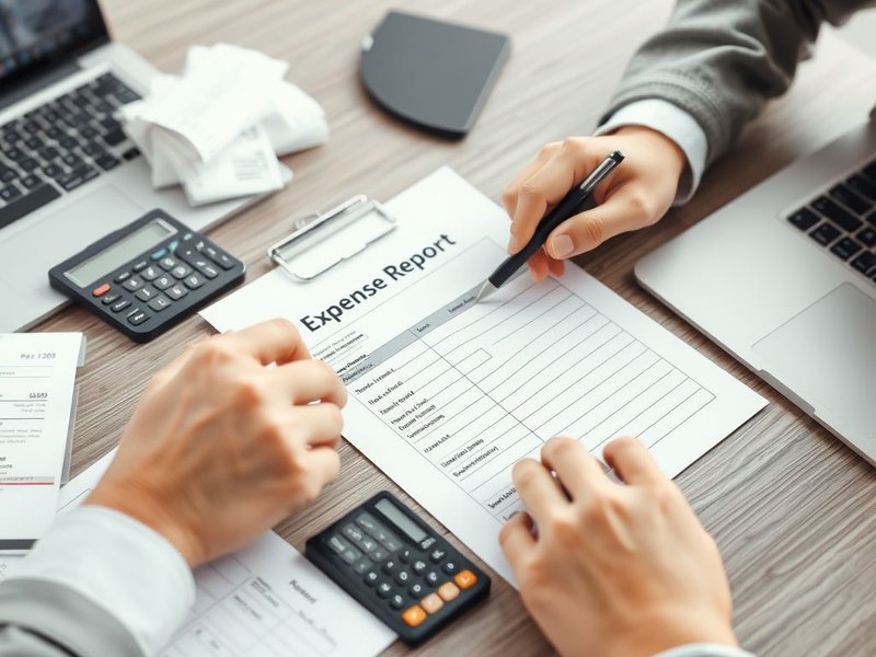 Una persona rellenando un formulario de Expense Report con recibos cerca