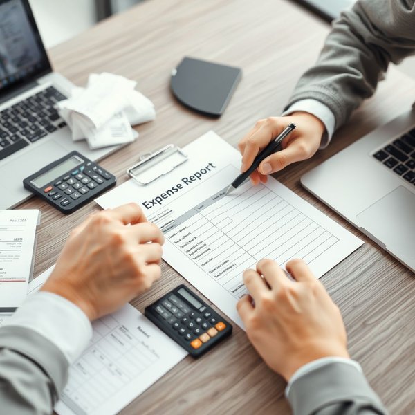 Una persona rellenando un formulario de Expense Report con recibos cerca