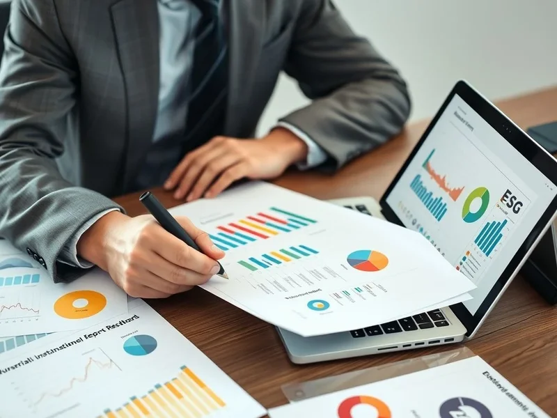 A professional reviewing charts and graphs for a Sustainability Report
