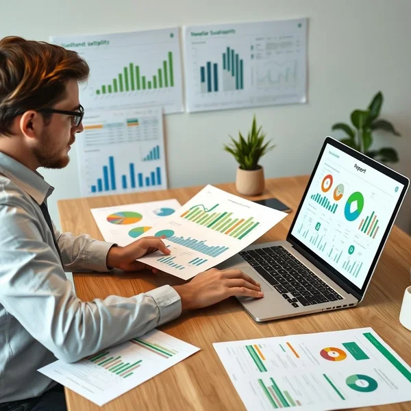 Um profissional revisando gráficos e tabelas para um Sustainability Report