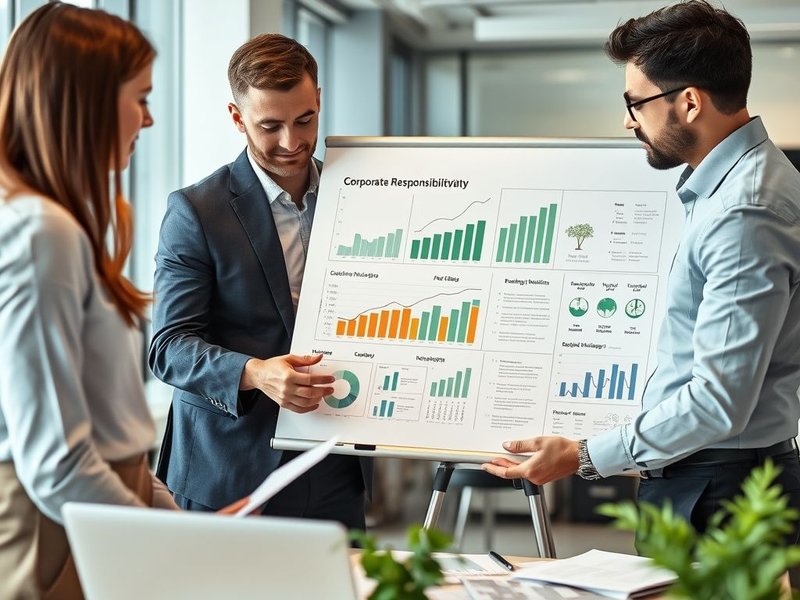 Bir çalışan ekibi bir beyaz tahta üzerinde Corporate Responsibility Report tartışıyor