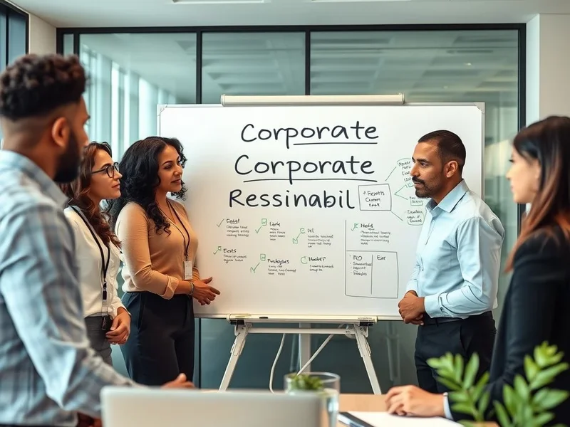 Een team van werknemers bespreekt een Corporate Responsibility Report op een whiteboard