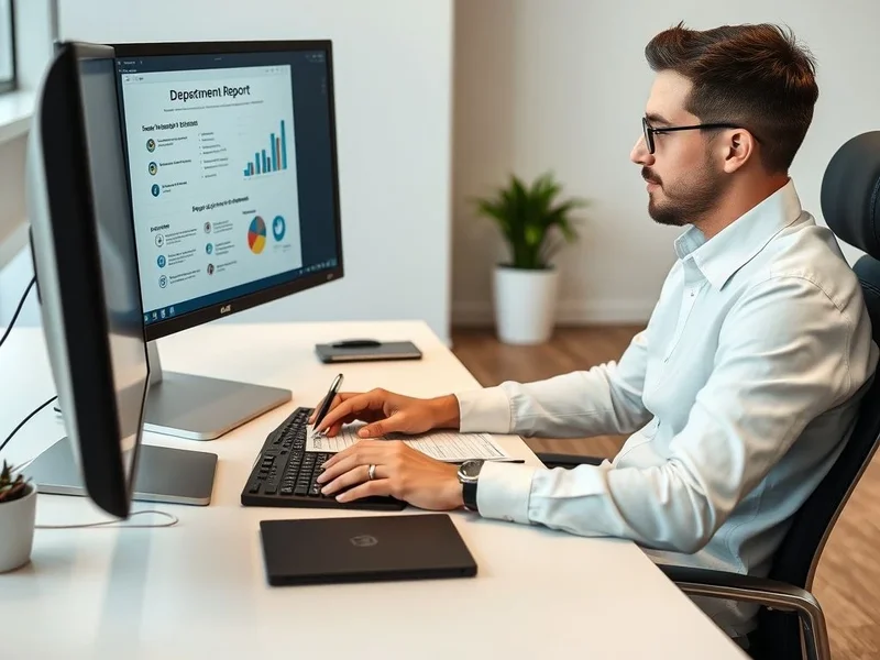 Een werknemer schrijft een Department Report aan zijn bureau