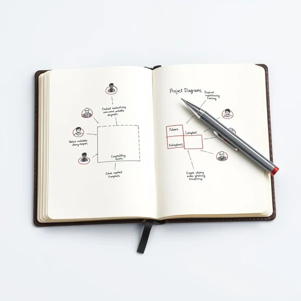 Een diagram en pen die de belangrijkste elementen van een Stakeholder Report tonen
