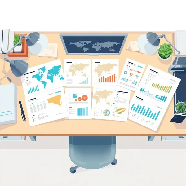Afbeelding van een wereldbol met grafieken en diagrammen, die een Market Expansion Report weergeven