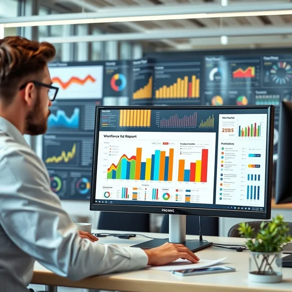 Профессионал анализирует диаграмму Workforce Report на компьютере