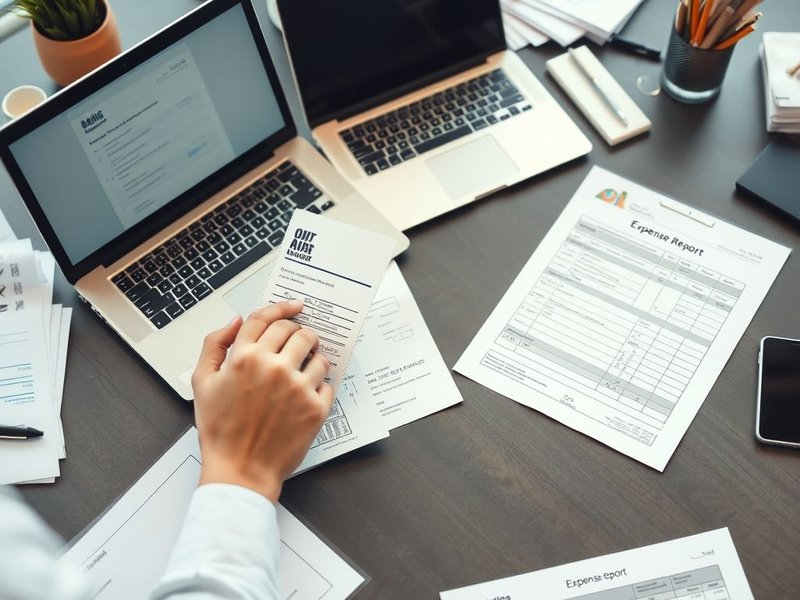 A person filling out an Expense Report form with receipts nearby