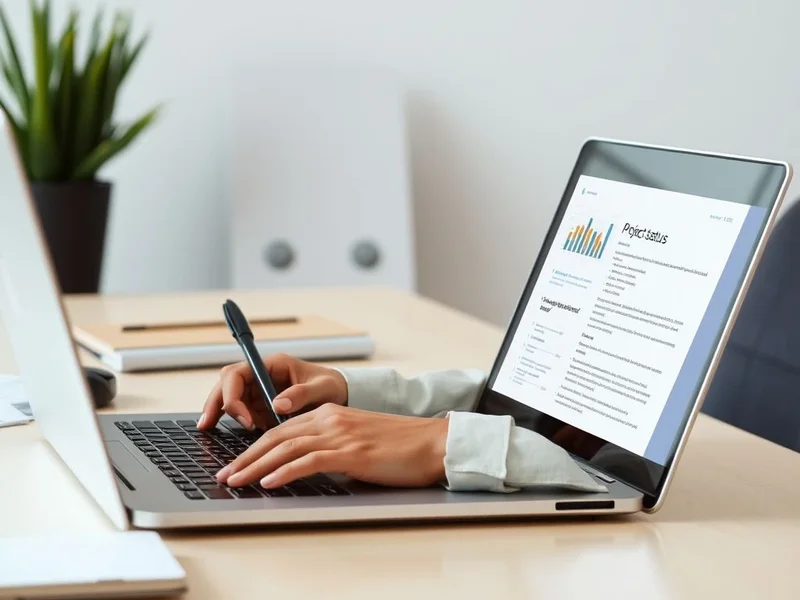 Seorang profesional menulis Project Status Report di laptop