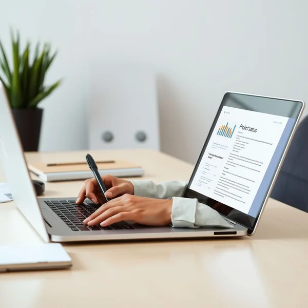 Seorang profesional menulis Project Status Report di laptop